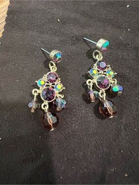 Gold-Tone Multicolor Crystal Dangle Earrings - Purple Accents
